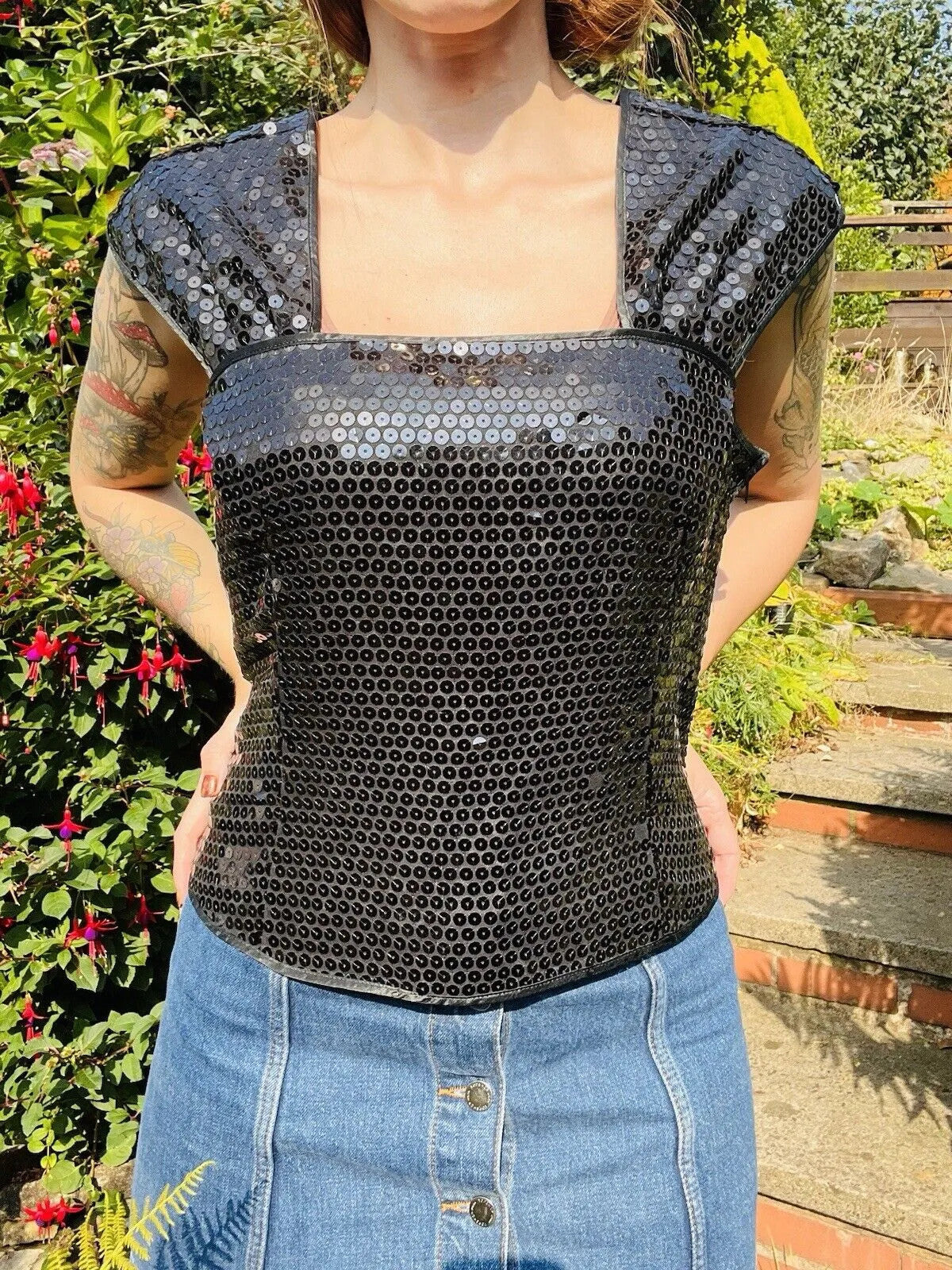 Vintage 80s Sequin Top 16 Black Sparkly Evening Tank Vest Top Sleeveless Cami
