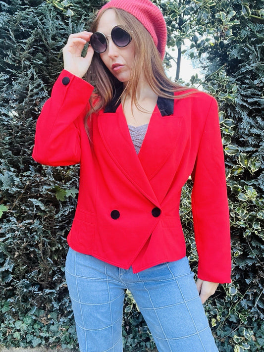 Vintage 1980s Tailored Blazer With Velvet Trim By Jacques Vert, Red Wool Size 14
