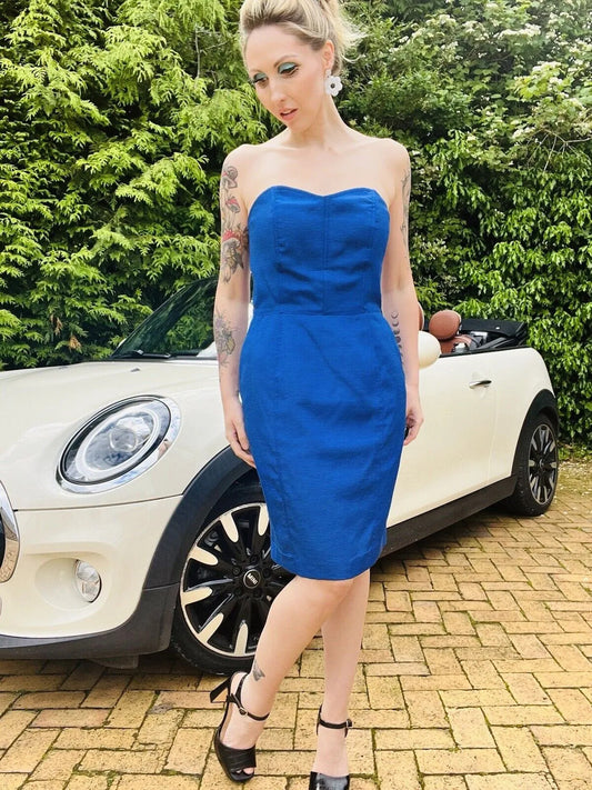 Vintage 1980s cocktail Dress Blue Size 12 L fitted strapless pencil dress