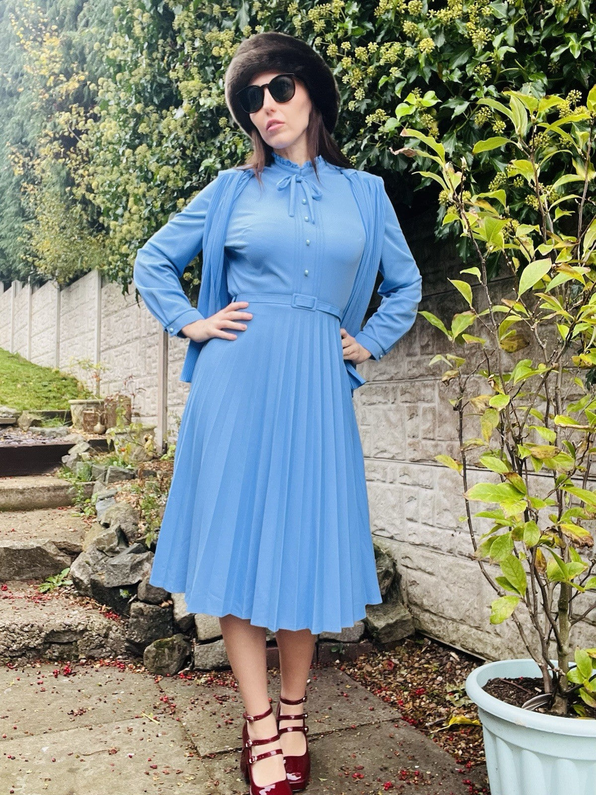 Vintage 80s Tea Dress And Waistcoat Two Piece Set Blue Size 16 Pleated Design