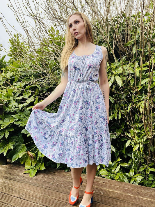 Vintage 1960s Summer Dress Floral Frilly Tie Waist Sleeveless Midi Dress Size 16