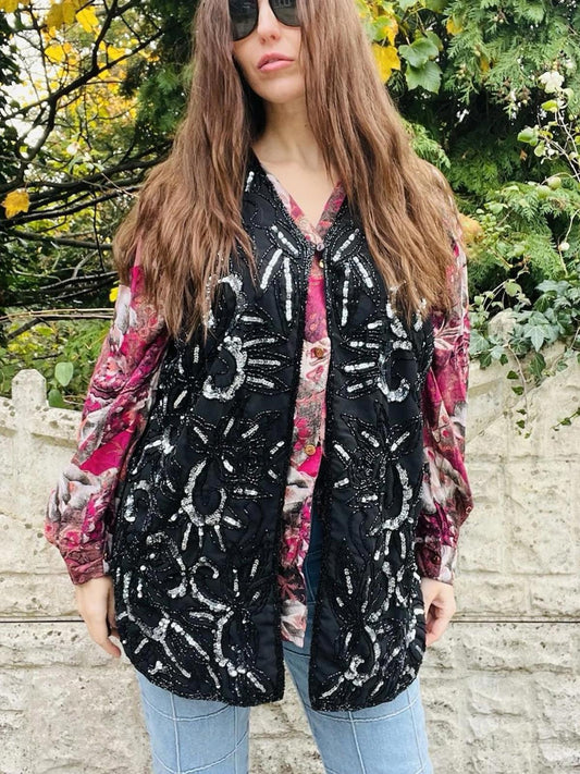 Vintage 80s Beaded Waistcoat Black Size 14 1980s Embellished Sequin Party Top