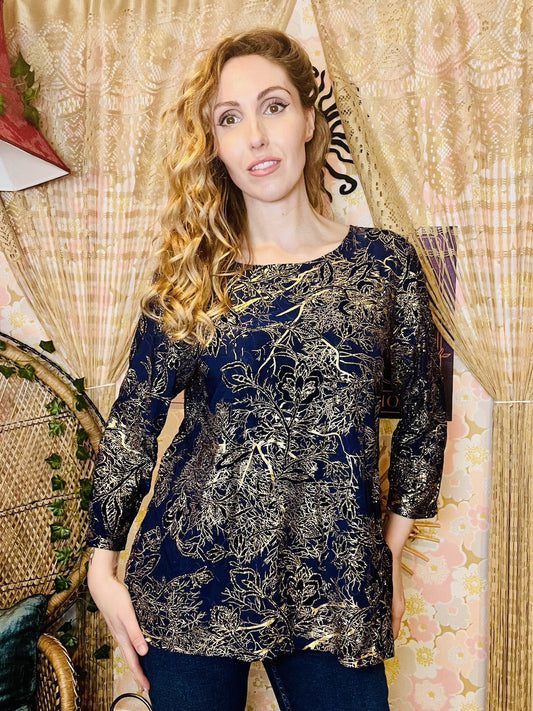 Vintage 1990s Floral Top Gold 3/4 Sleeve Blouse By JM Collection Size XL 18-20