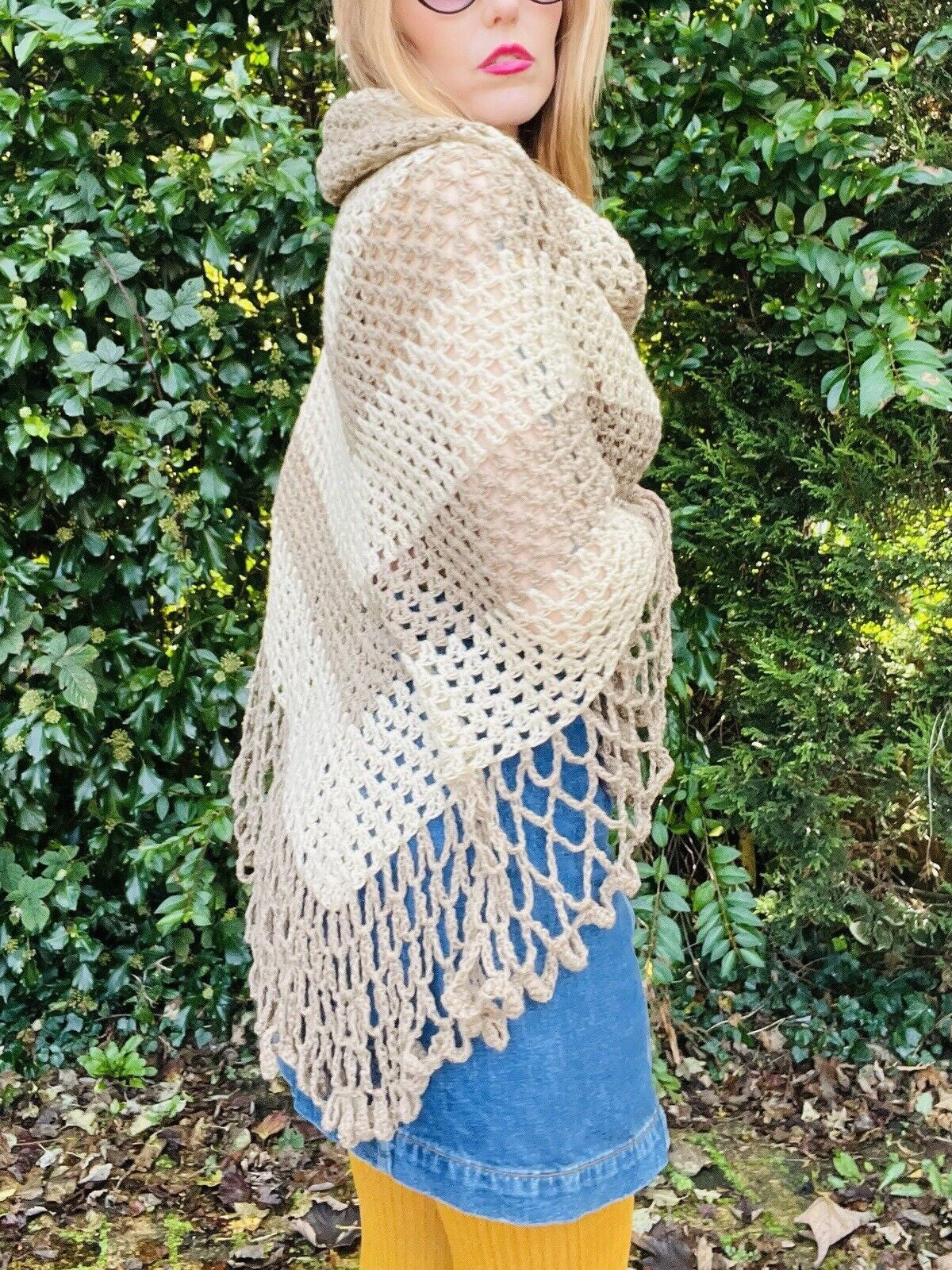 Vintage Knit Crochet Shawl Hippie Boho Triangle Wrap Cape Cottage Whimsy Scarf