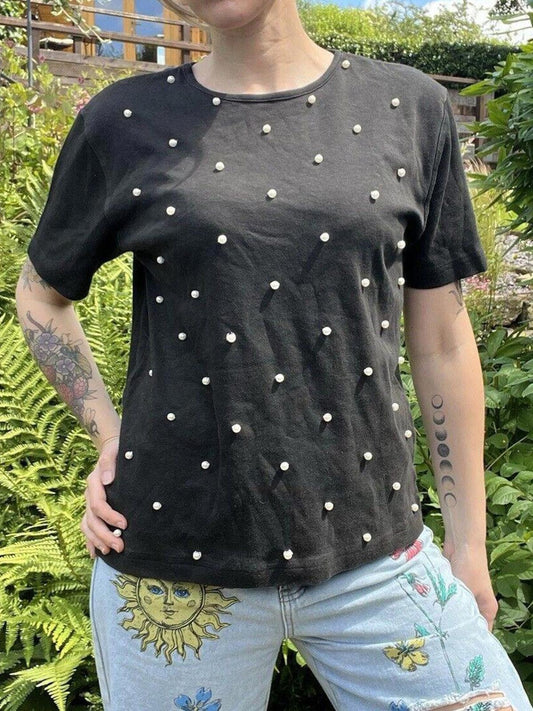 Vintage 1980s Tshirt Top By SK & Company With Faux Pearl Detail Size M 12 14