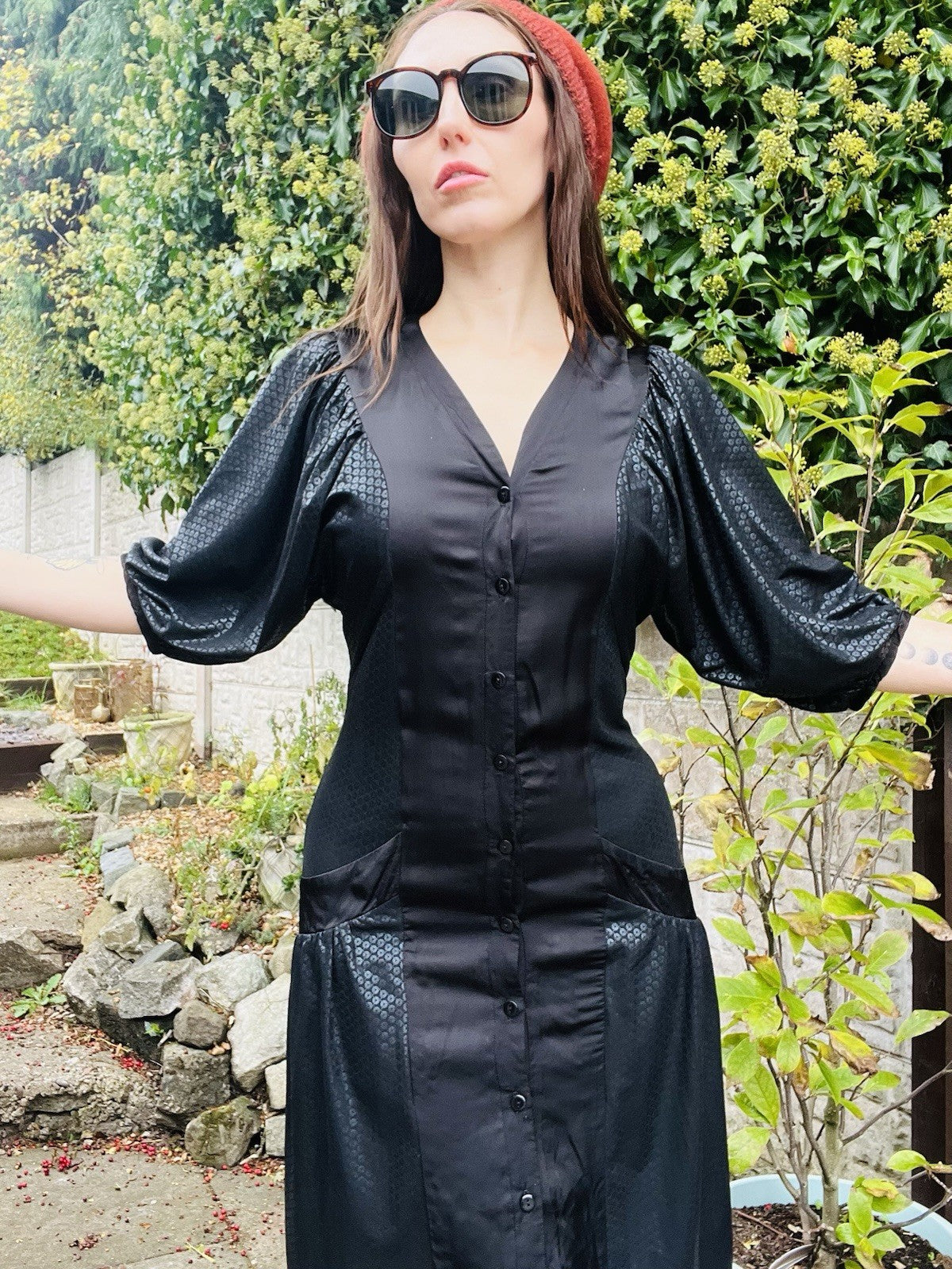 Vintage 80s Party Dress Black Size 8 10 By Potz Braulein Drop Waist Puff Sleeves