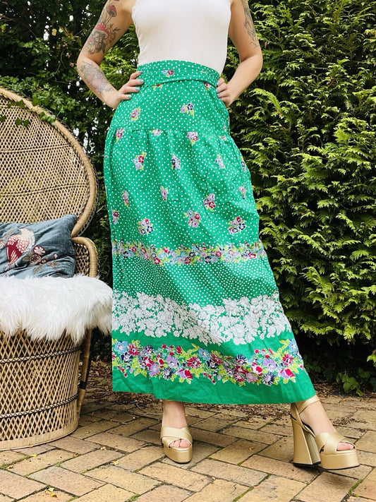 Vintage 1960s Long Skirt High Waist Retro Floral Print Green Maxi Skirt Size 10