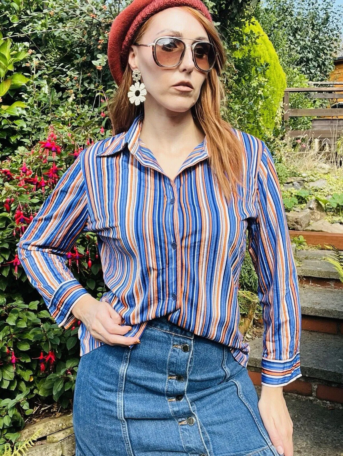 Vintage shirt Size 14 retro Striped blouse by Mireller blue orange