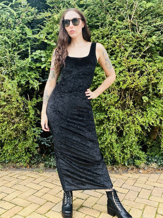 Vintage 1980s Fitted Dress, Long Velvet Wiggle Pencil Dress, Black Size 10