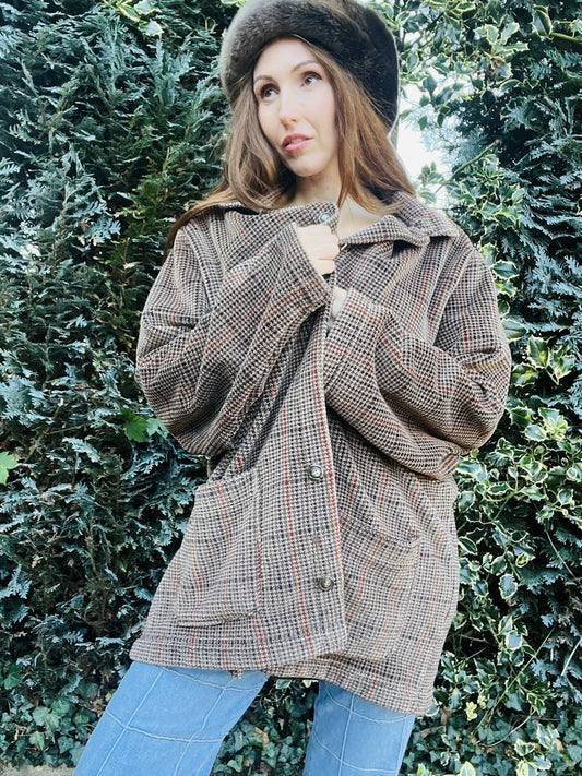 Vintage 80s Fleece Jacket, St Micheal Check Dogtooth Houndstooth Fluffy Coat XL