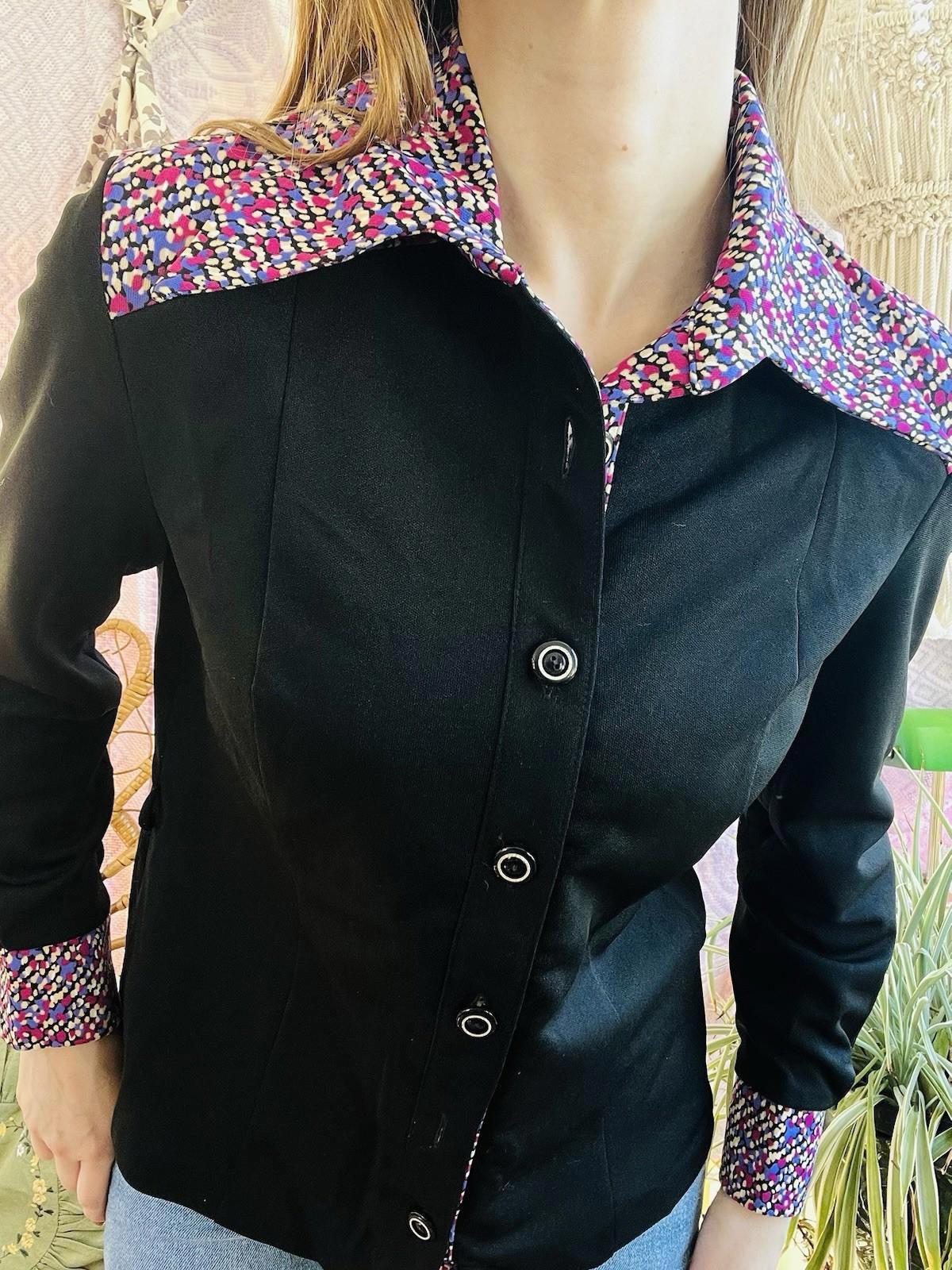 Vintage Blouse Bold Retro Print Collared Shirt Casual Or Formal Office Workwear