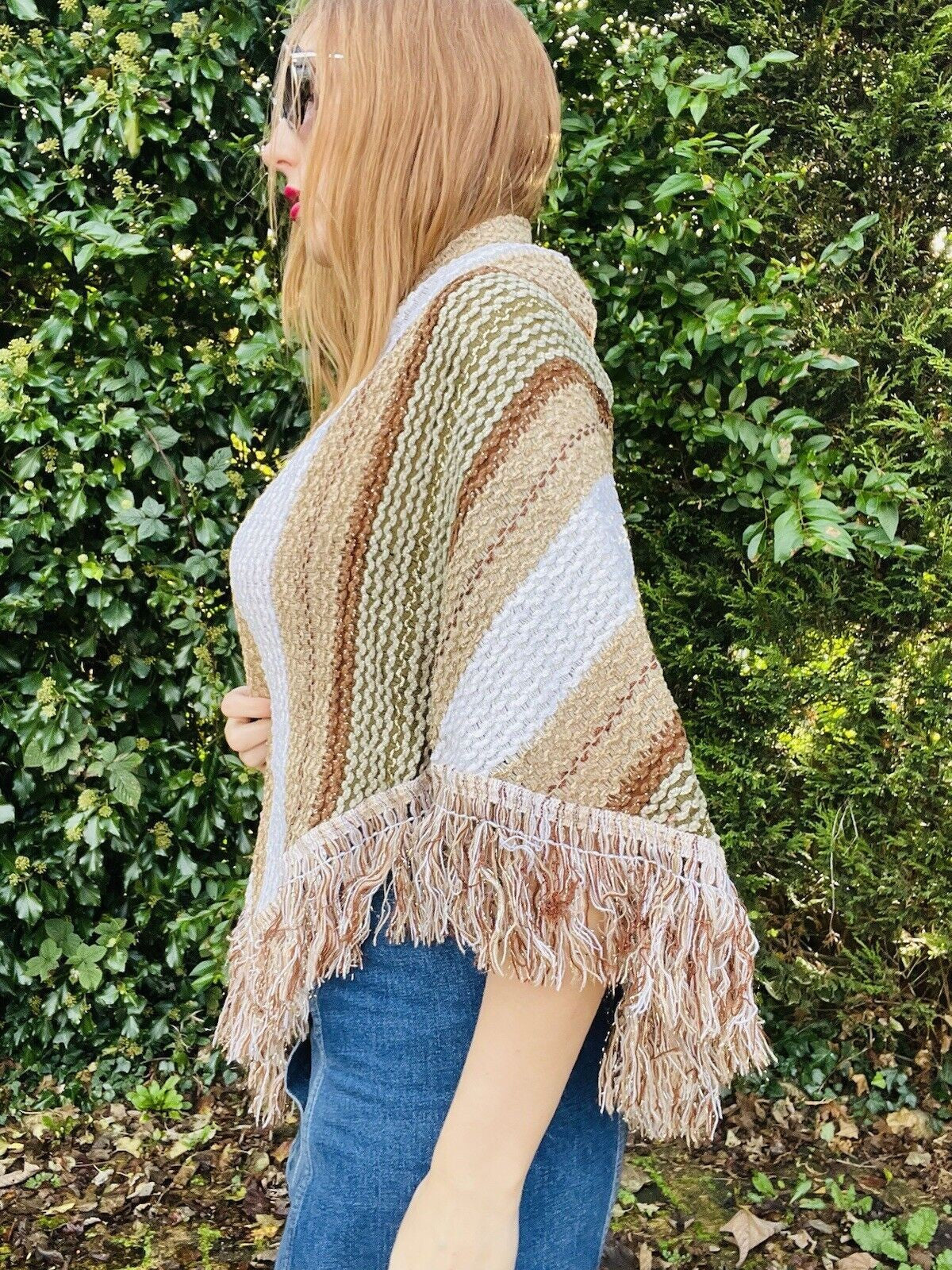 Vintage Boho Crochet Shawl Hippie Triangle Knit Wrap Cape Cottage Whimsy Scarf