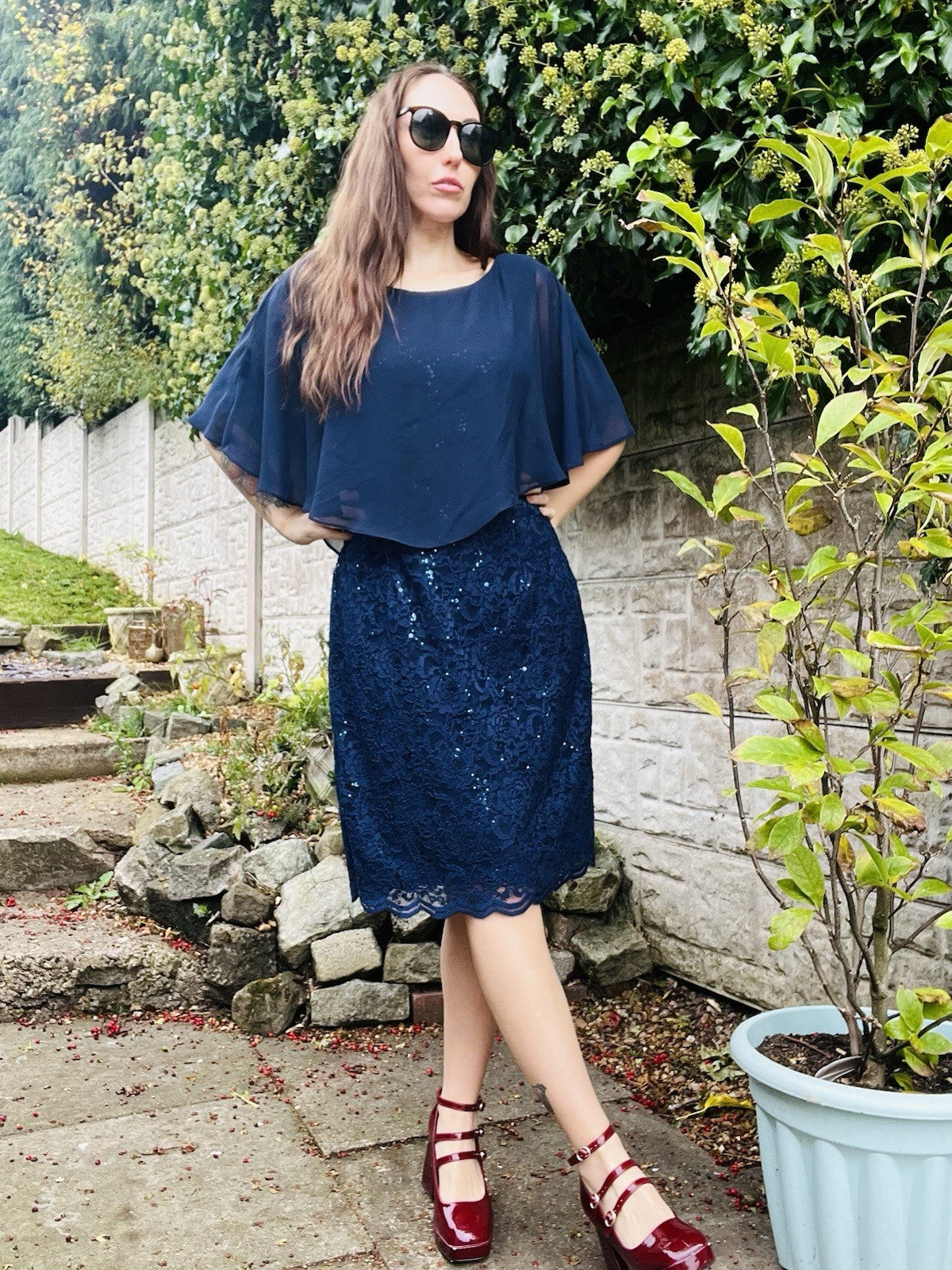 Vintage 1980s Cocktail Dress Blue Size 18 To 20 Retro Lace  80s With Sheer Cape