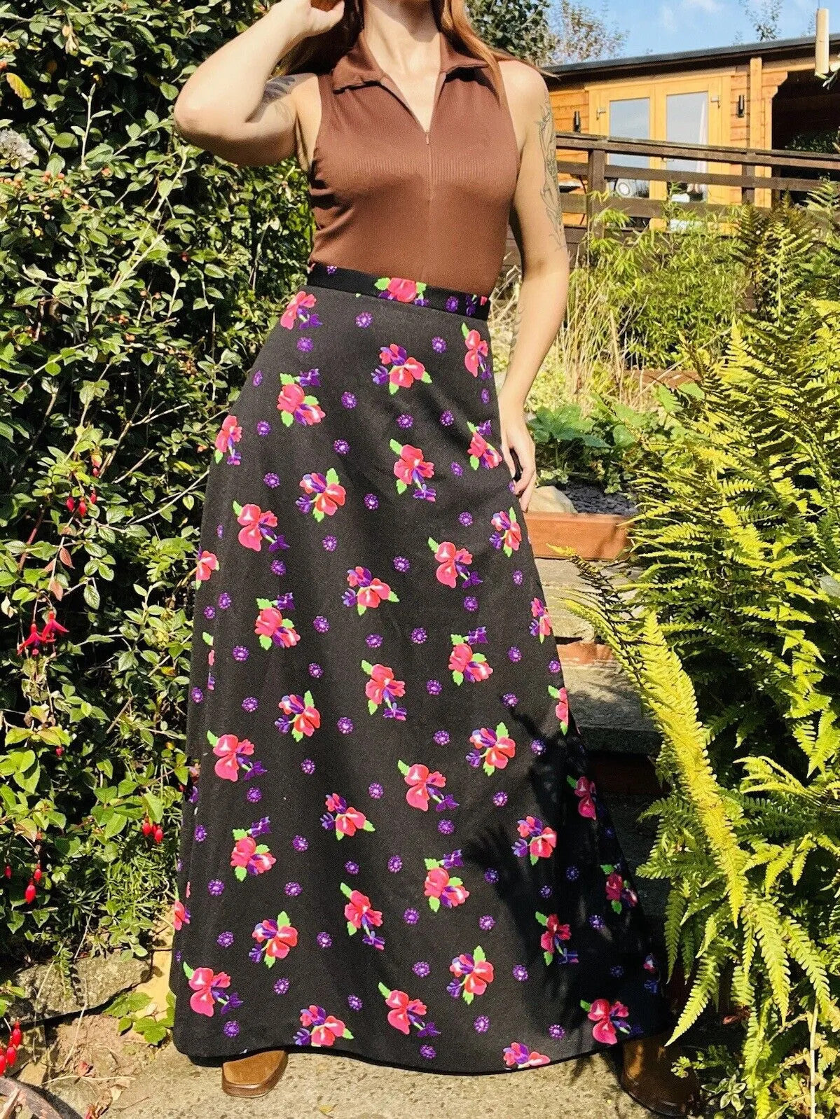 Vintage 60s Maxi Skirt Long 1960s Bold Floral Design Black Size 8