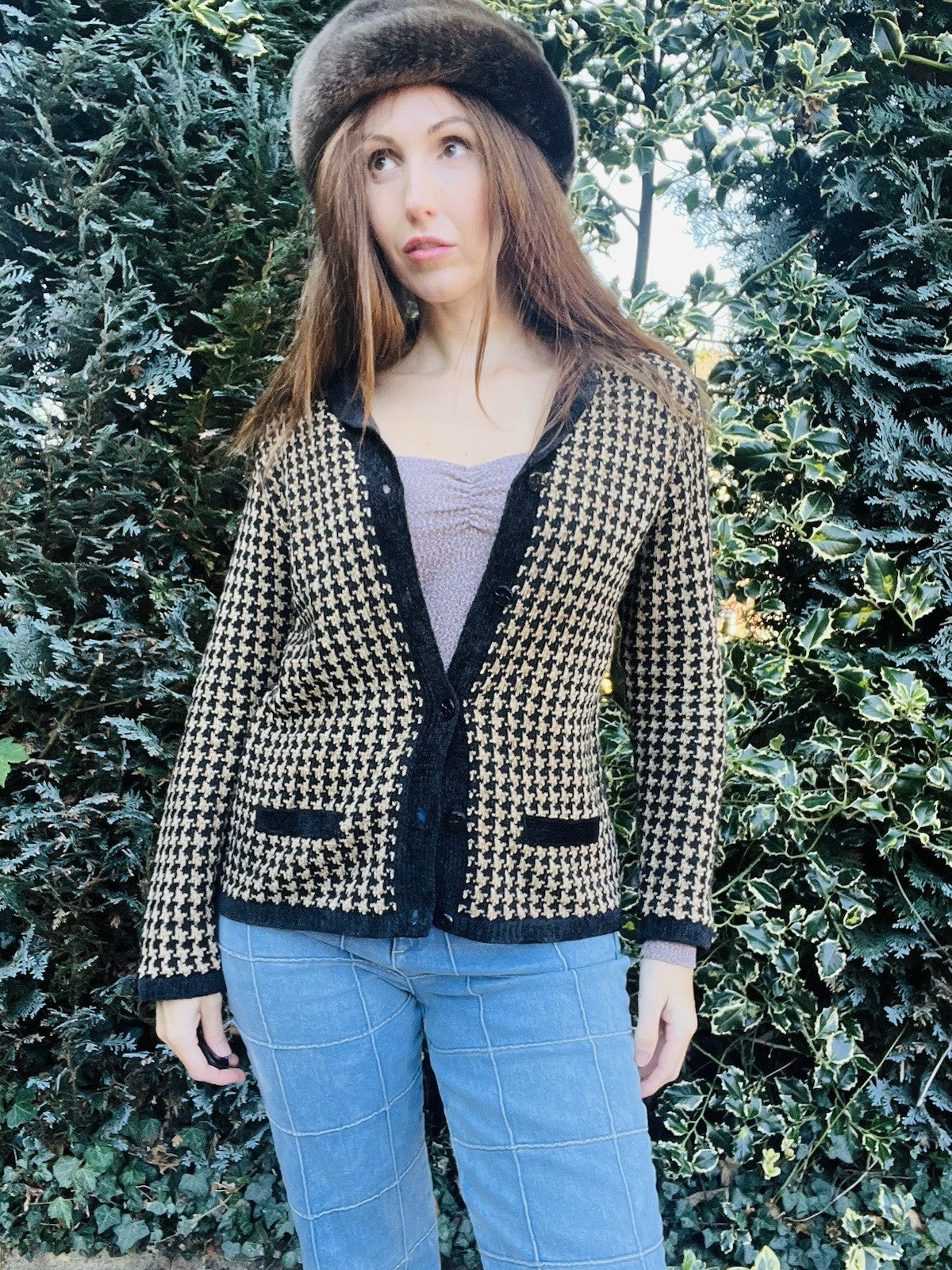 Vintage 1990s Knit Cargidan By St Michael, Dog Tooth Knitted Chenille Jumper 8