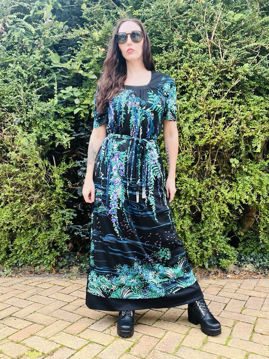 Vintage 1960s Maxi Dress, Long Floral Water Scene, Embellished Belt, Black 18-20