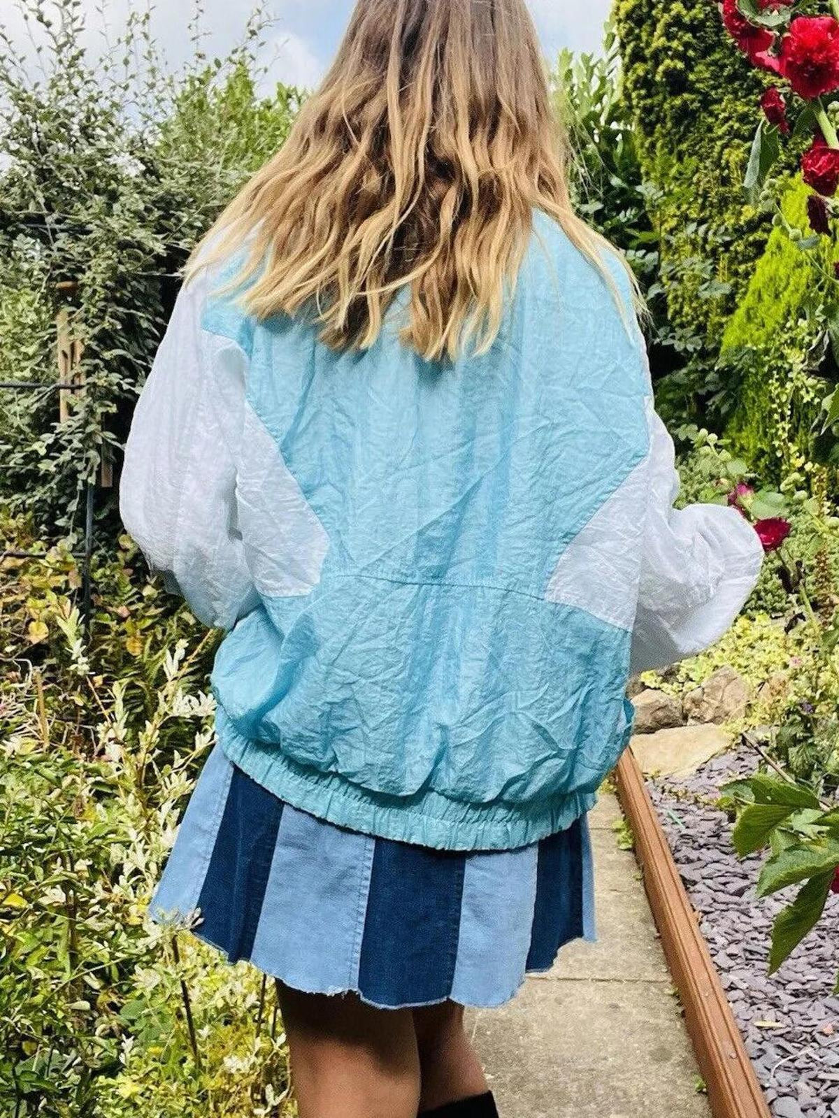 Vintage 1980s Shell Suit Jacket Zip Up Oversized Ladies Blue White Size 8 10