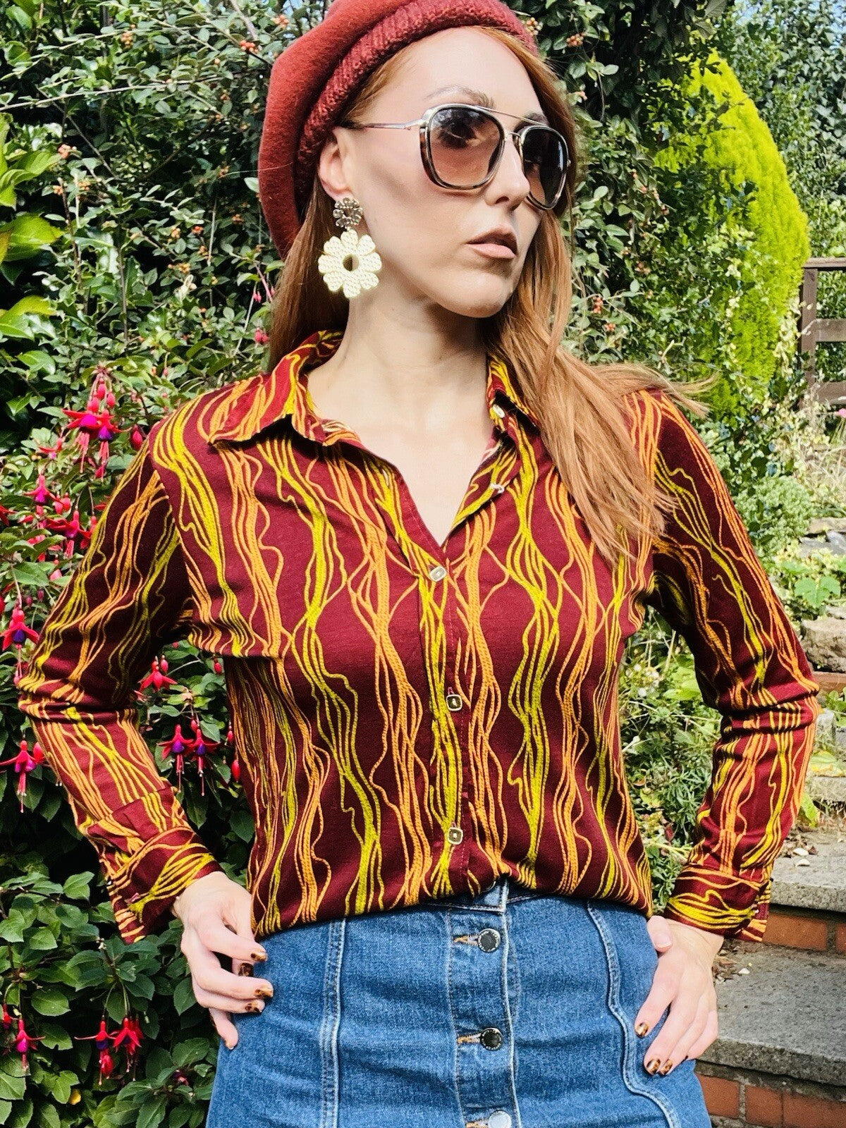 Vintage 1980s Abstract Blouse Burgundy Red Long Sleeve Retro Shirt Size 14