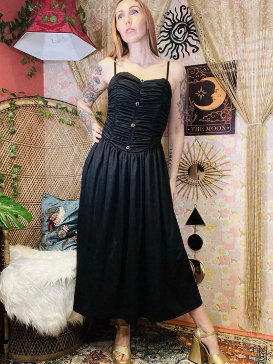 Vintage 1980s Party Dress With Elasticated Ruffle Corset And Bow Detail Black 10