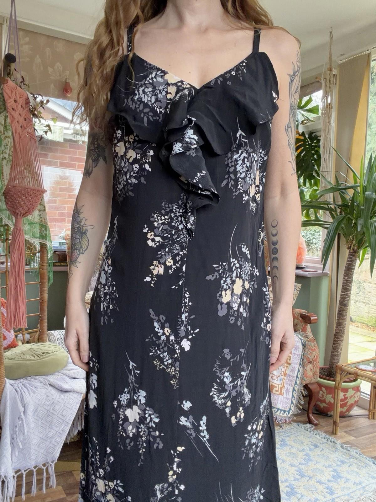 Vintage 1990s Whimsigoth Dress By Wallis Black Size 8 Long Maxi Floaty Summer