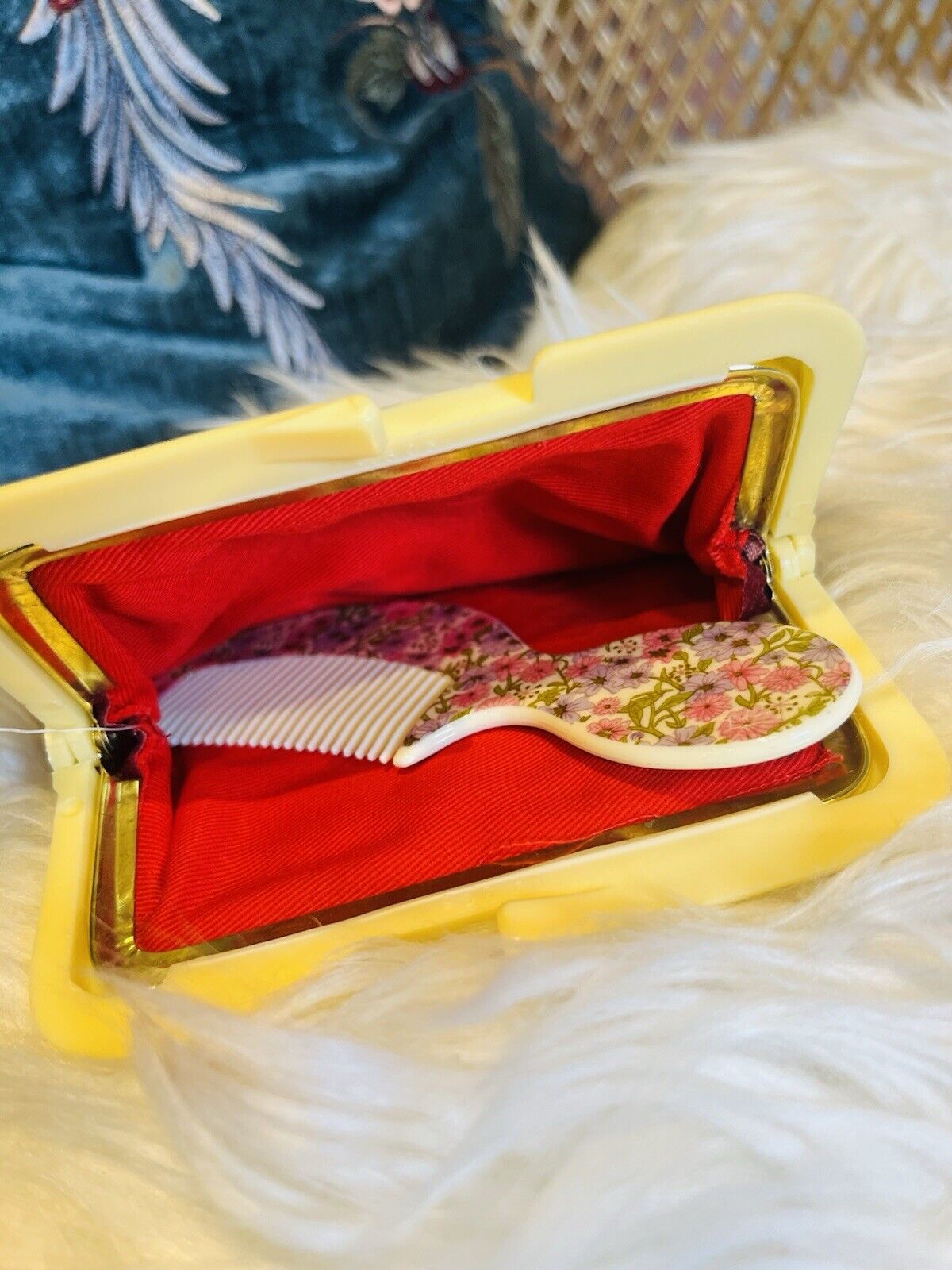 Vintage 1960s Purse And Comb Set Red Velvet With Ditsy Floral Trim Fully Lined