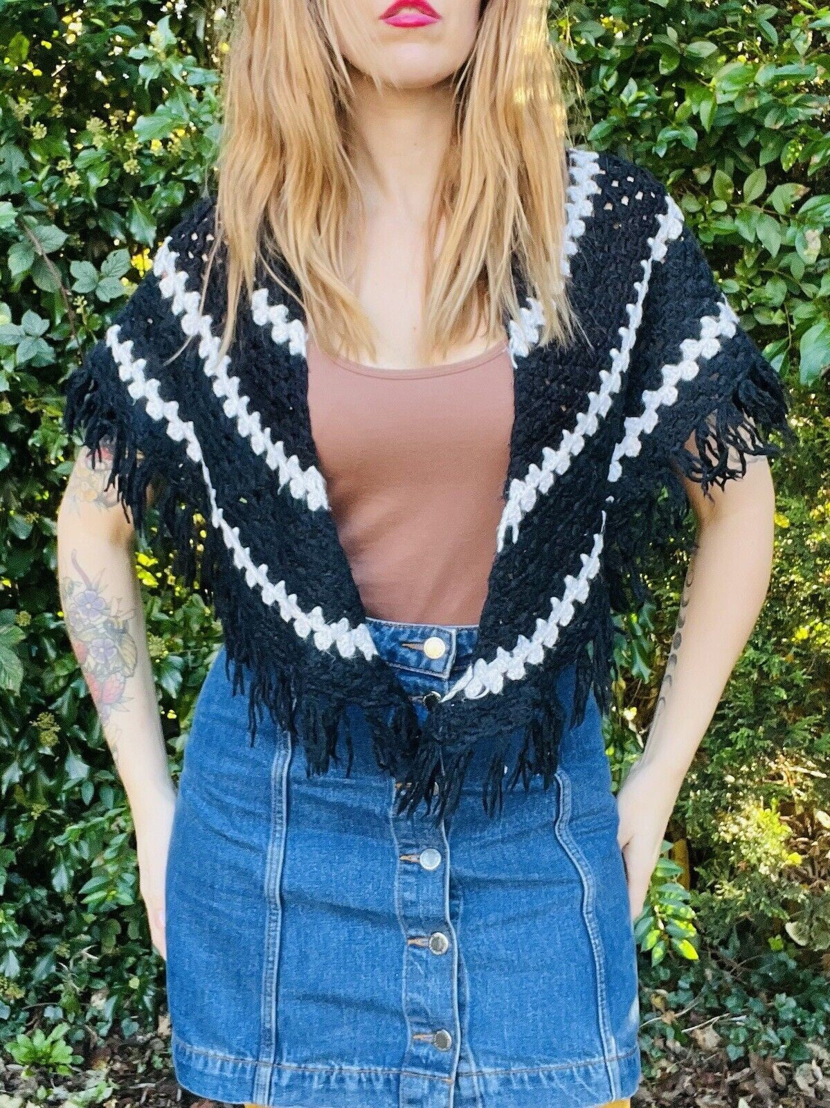 Vintage Boho Crochet Shawl Hippie Triangle Knit Wrap Cape Cottage Whimsy Scarf