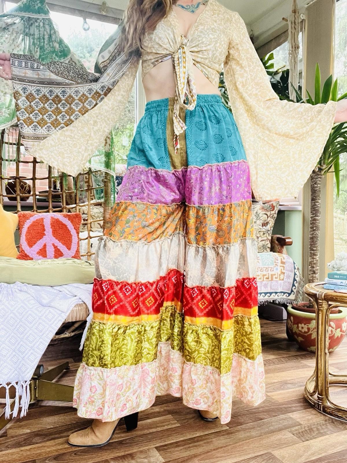 Wide Leg Trousers Vintage Patchwork Layered Sari Silk Hippie Boho Gypsy Pants M