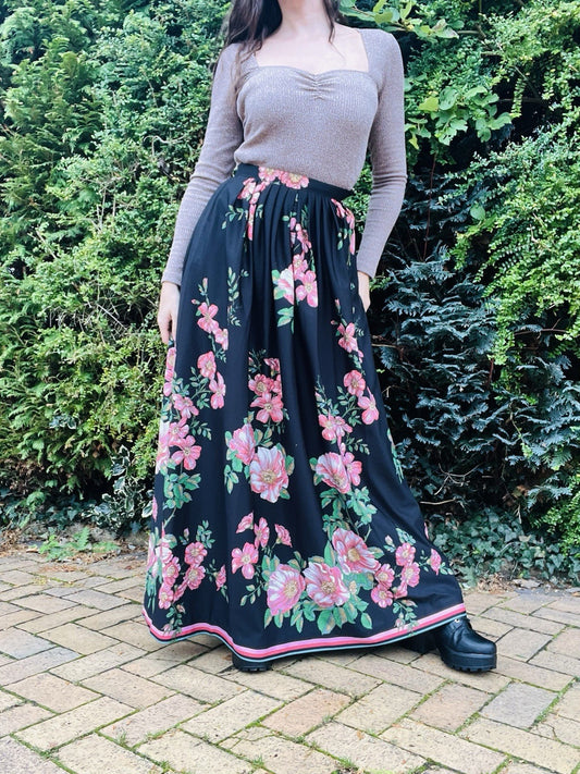 Vintage 1970s Maxi Skirt, Long High Waist Bold Retro Flower Print Pink Black 6