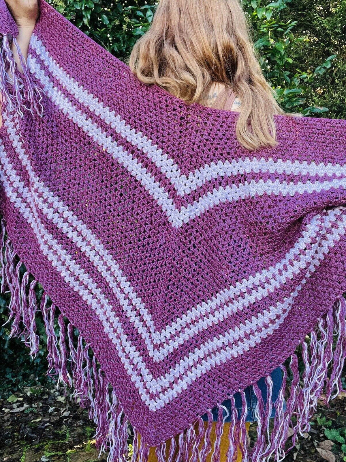 Vintage Knit Crochet Shawl Hippie Boho Triangle Wrap Cape Cottage Whimsy Scarf