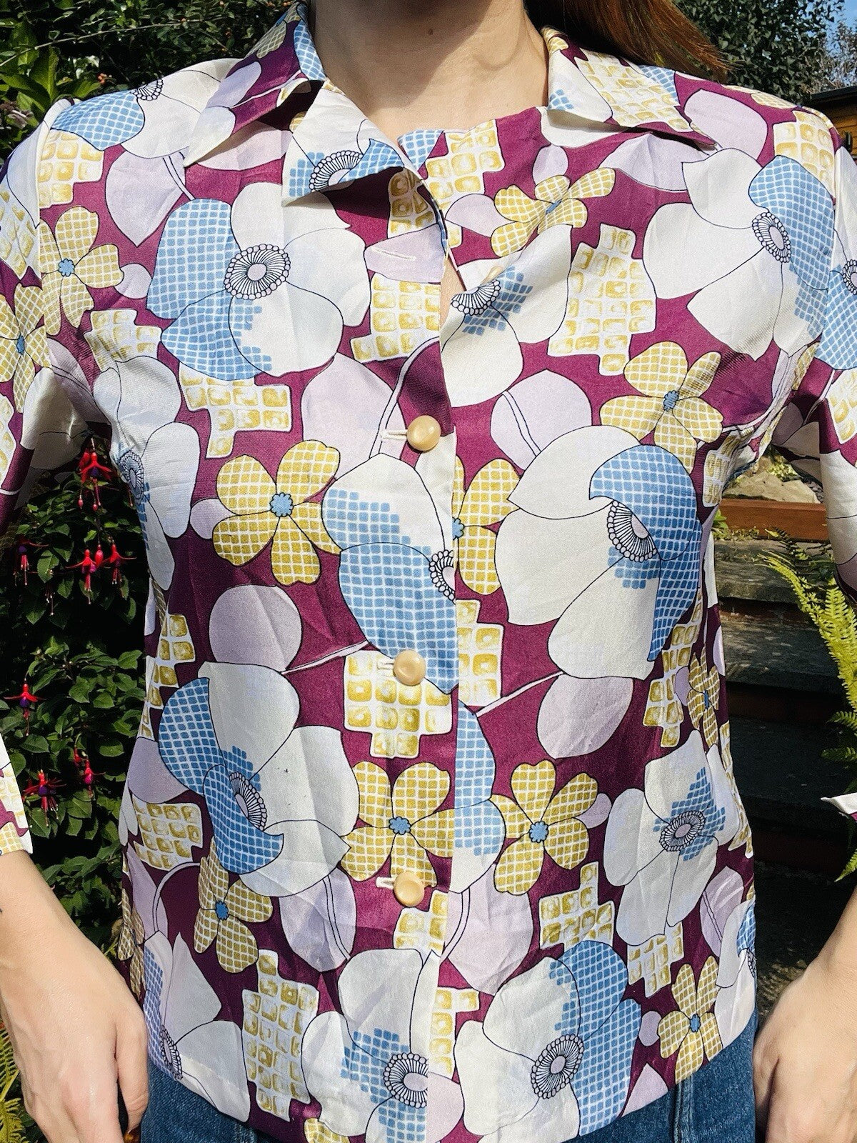 Vintage Retro Floral Shirt Bold Abstract Long Sleeved Blouse Size 12-14