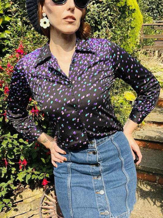 Vintage Blouse Bold Retro Print Collared Shirt Casual Or Formal Office Workwear