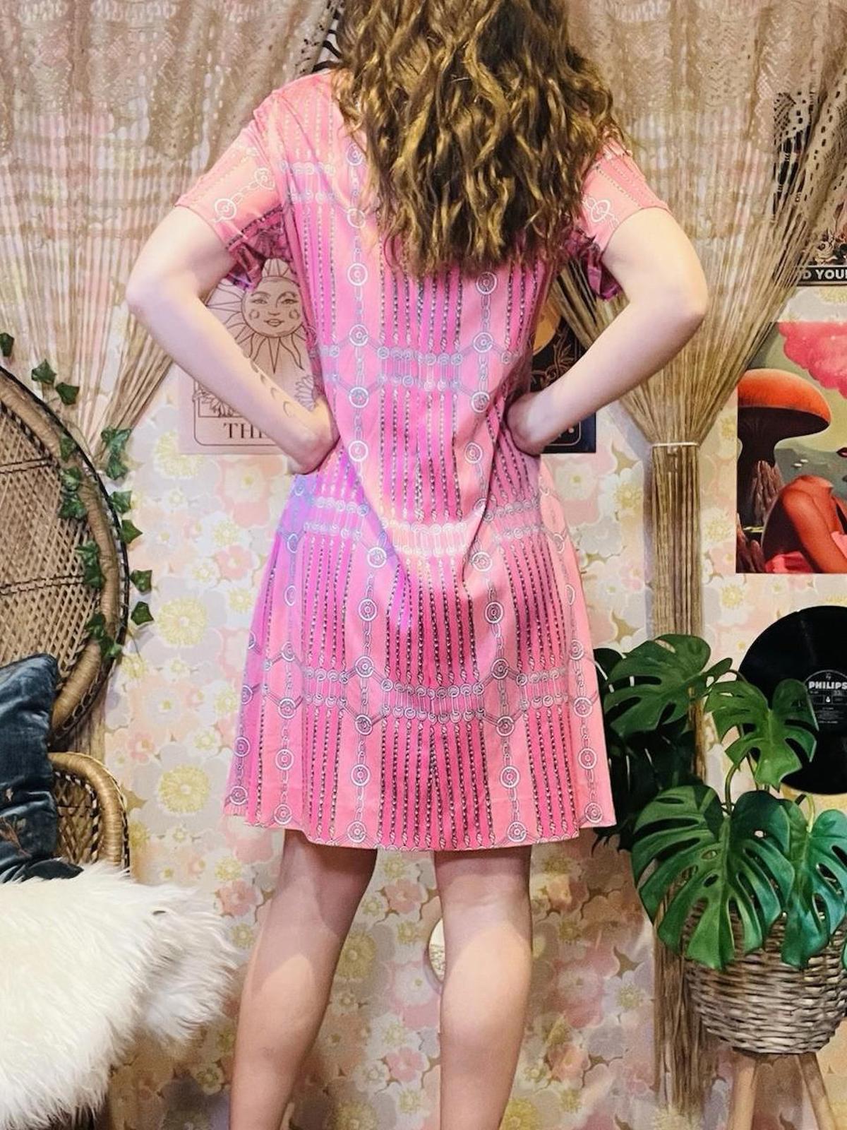 Vintage 1960s Shirt Dress Pleated With Buttons Short Sleeves Fun Retro Pink 14