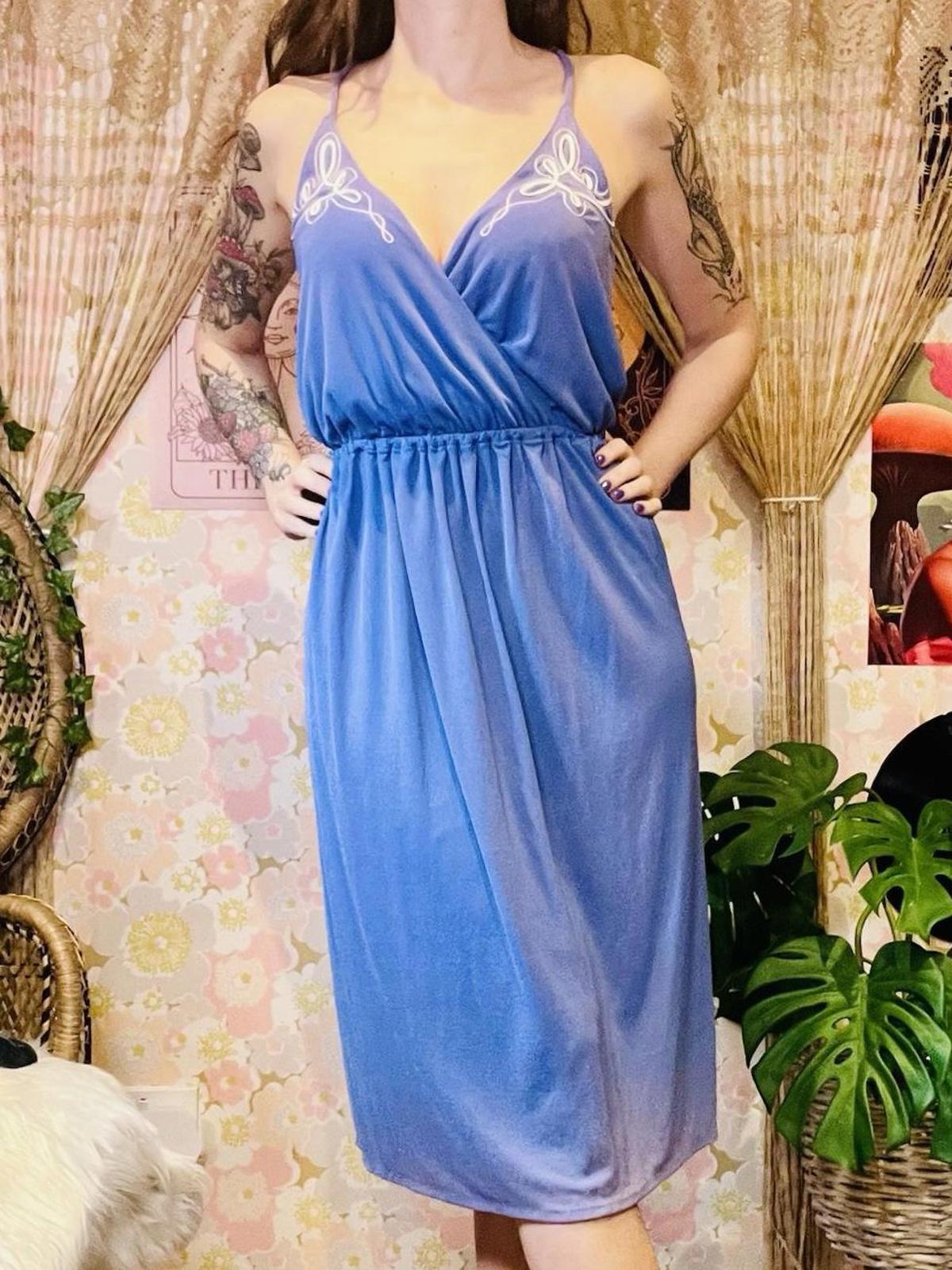 Vintage 1970s Summer Dress By Radley With Embroidered Detail Purple Size 10-12