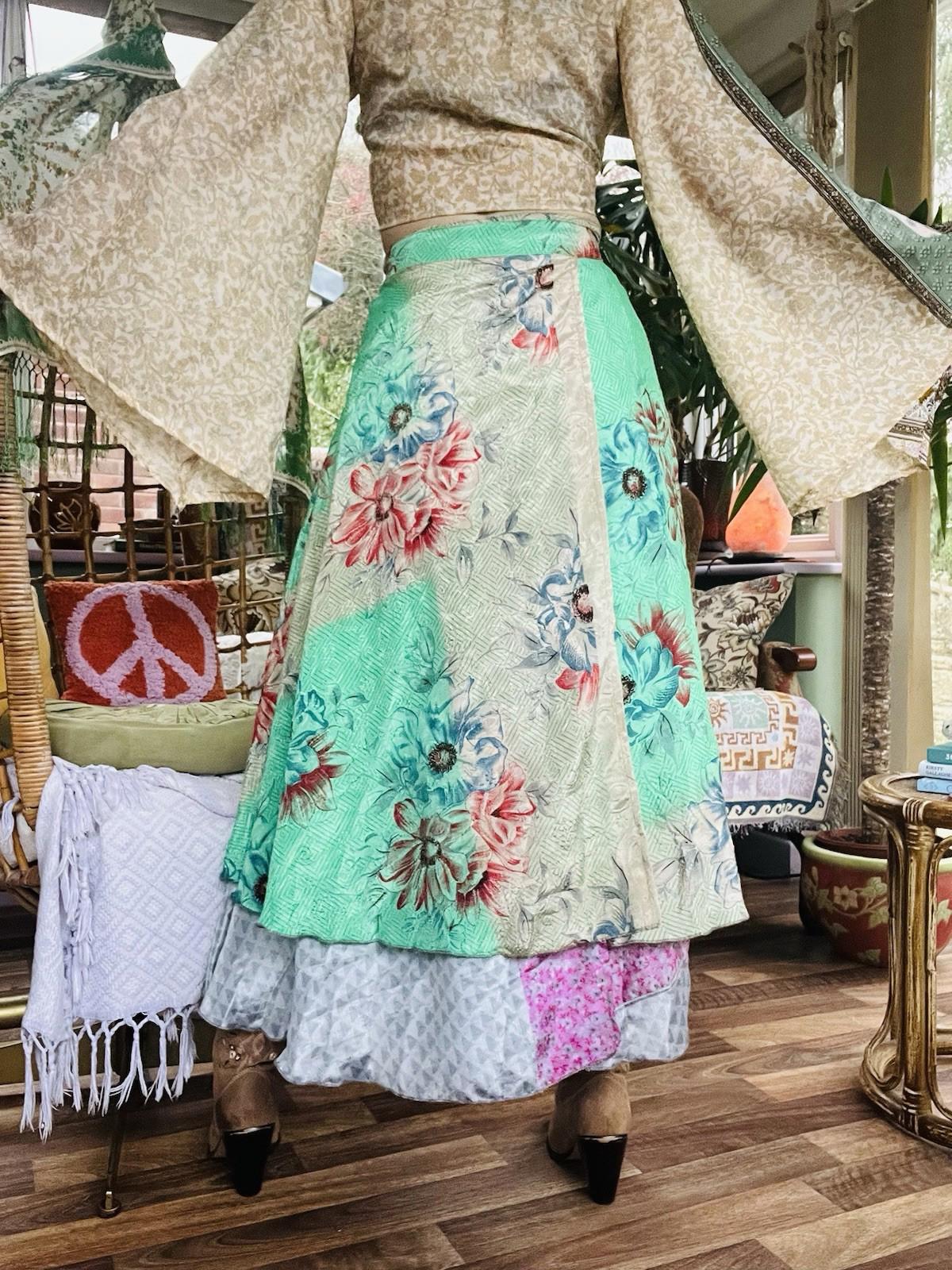 Layered Hippie Maxi Skirt Vintage Sari Silk Hippie Boho Long Gypsy Wrap Skirt