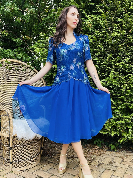 Vintage 1980s Party Dress Blue Lace Floral Bodice Floaty Midi Length Size 10