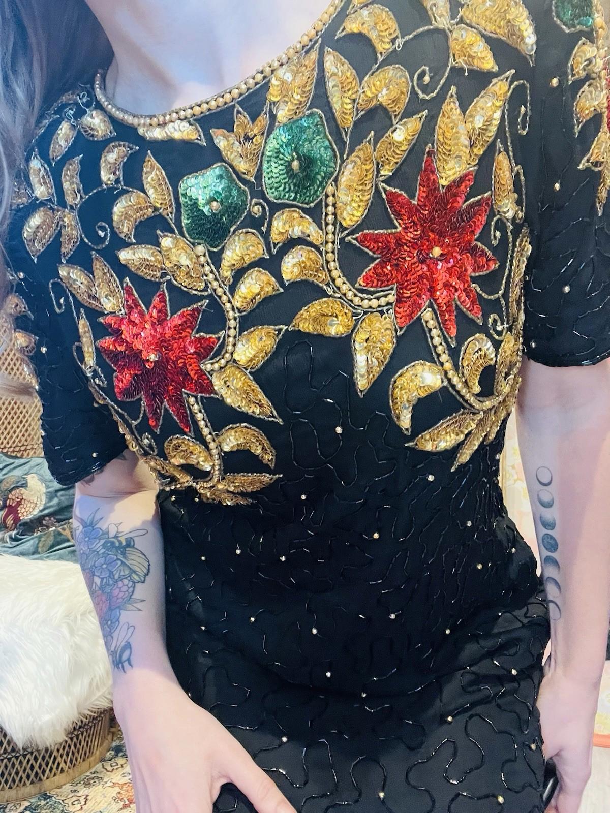 Vintage 1980s beaded Dress By Barkha Pure Silk Embellished Sequin Dress Black M