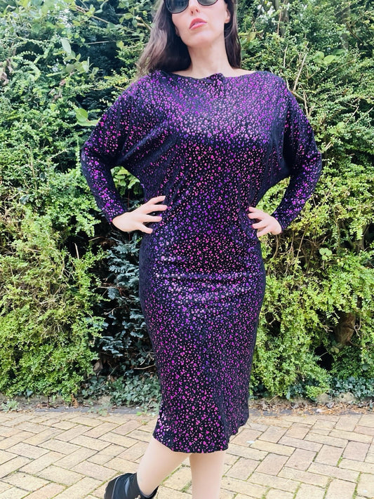 Vintage 1980s Batwing Dress Long Sleeve Polcadot Shiny Fun Fancy Dress Size 10