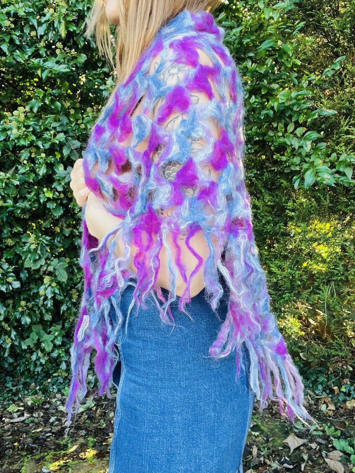 Vintage Boho Crochet Shawl Hippie Triangle Knit Wrap Cape Cottage Whimsy Scarf