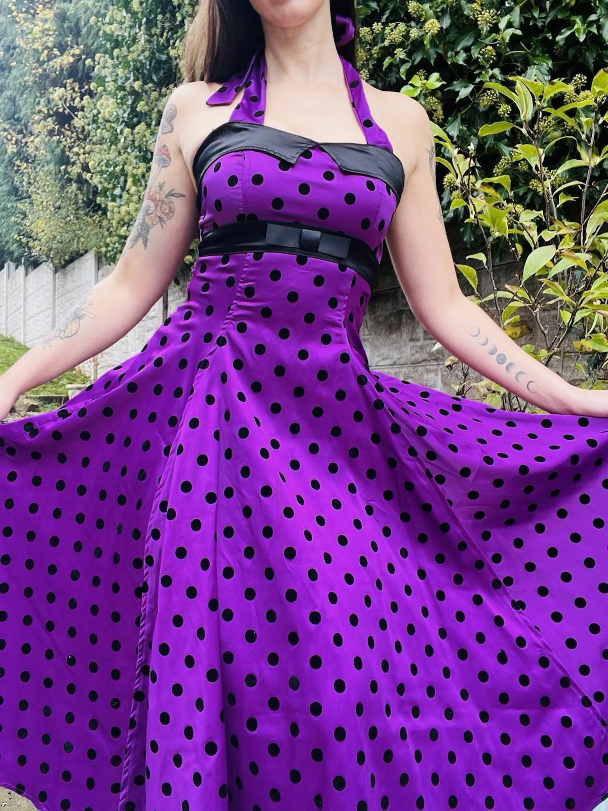 Vintage 1980s Swing Dress Purple Size 8 1850s Style Polkadot Midi Dress