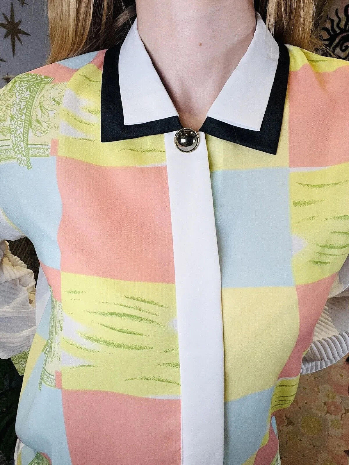 Vintage 1980s Abstract Shirt With Double Collar And Bold Block Print Size 14