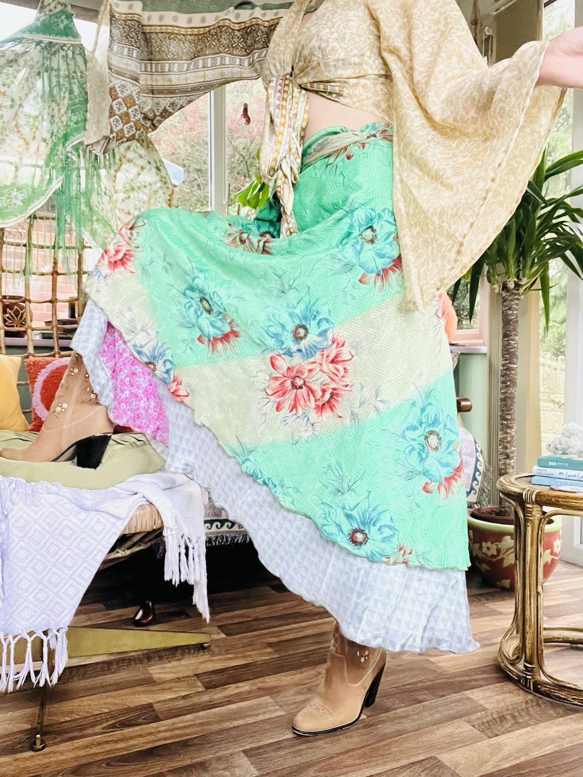 Layered Hippie Maxi Skirt Vintage Sari Silk Hippie Boho Long Gypsy Wrap Skirt