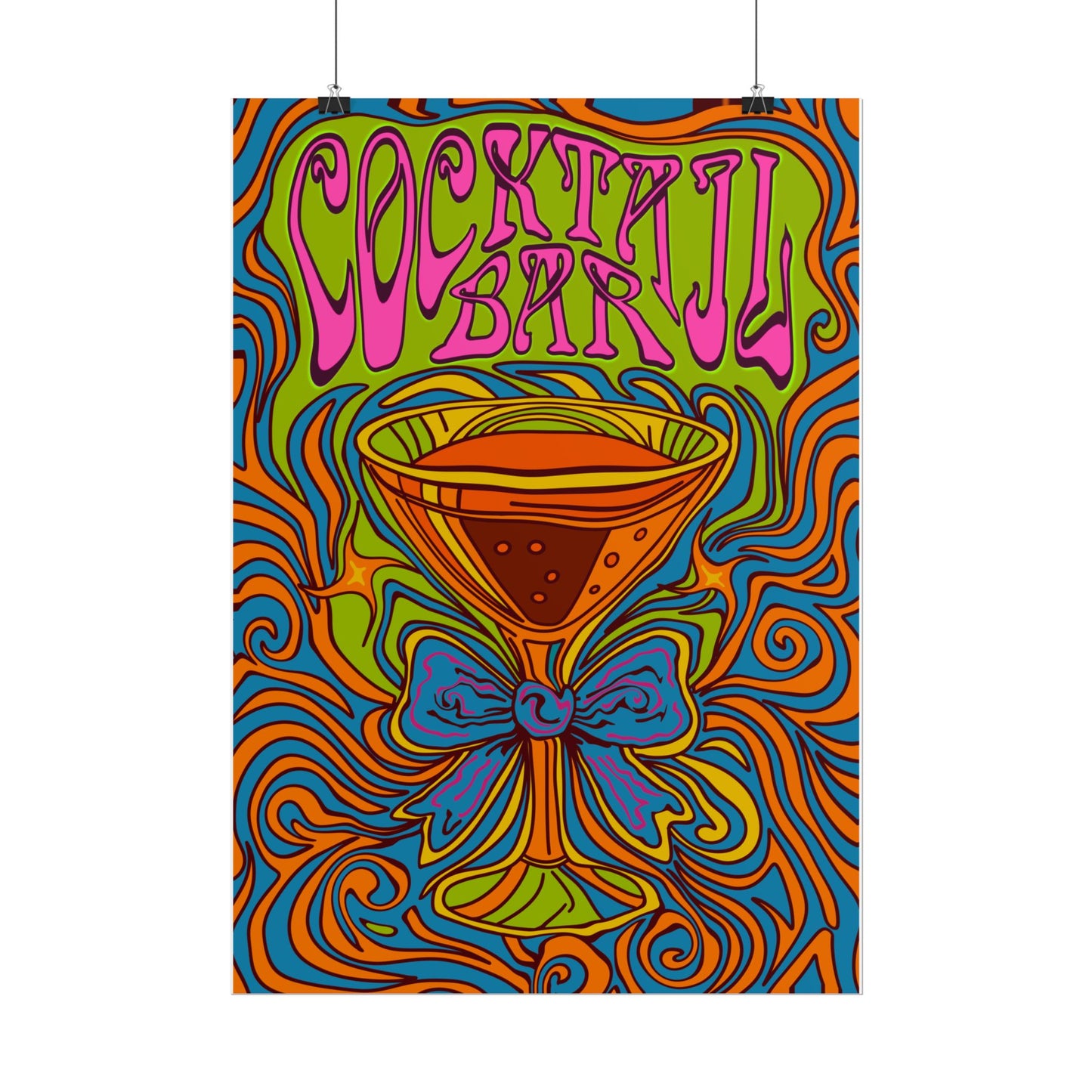 Cocktail Bar Poster, Colourful Retro Prosecco Wall Art, Psychedelic Alcohol Drinking Home Decor Print