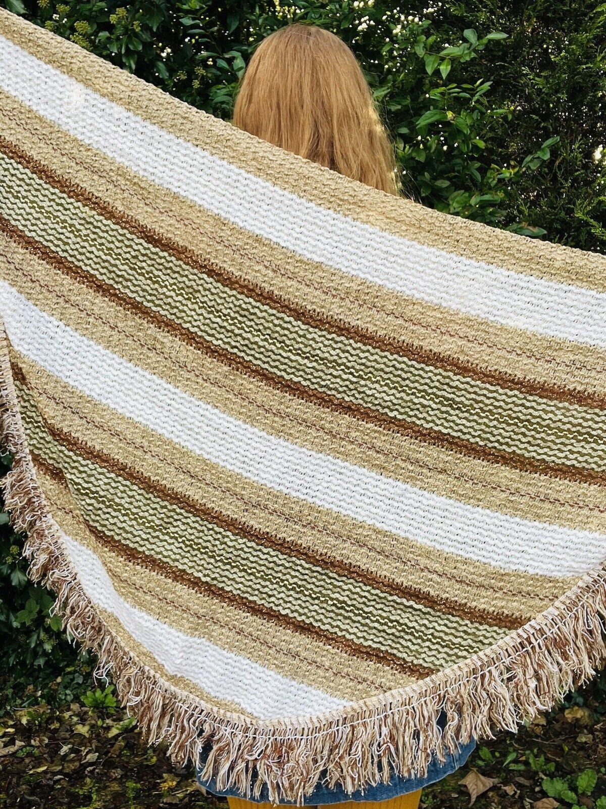 Vintage Boho Crochet Shawl Hippie Triangle Knit Wrap Cape Cottage Whimsy Scarf