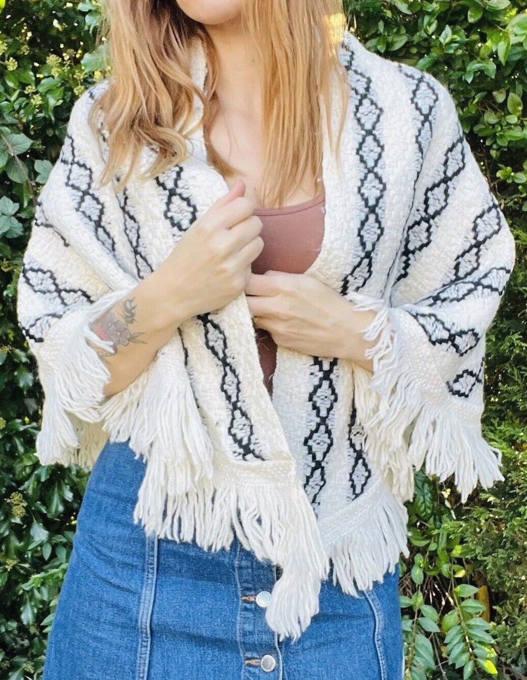 Vintage Knit Crochet Shawl Hippie Boho Triangle Wrap Cape Cottage Whimsy Scarf