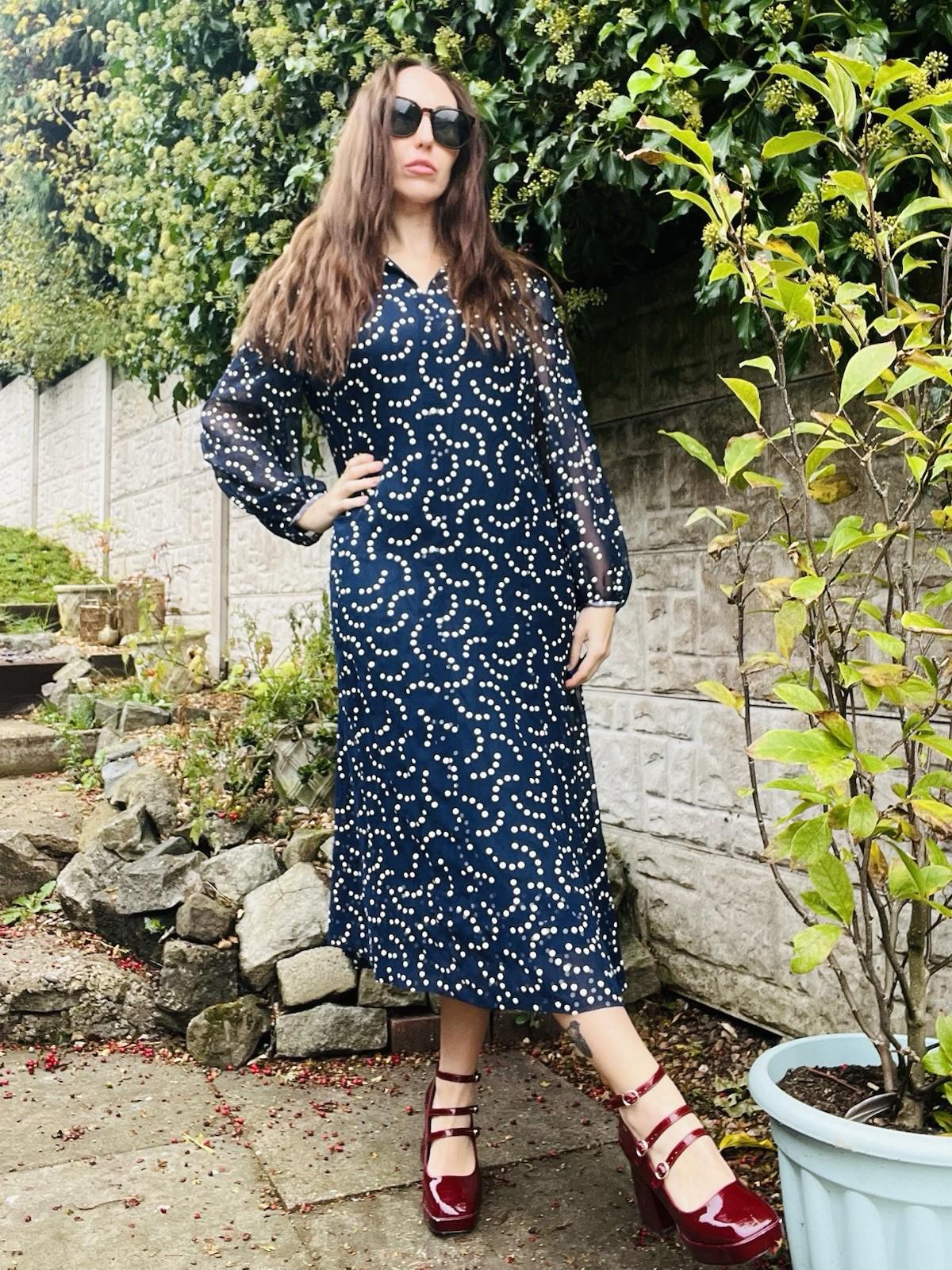 Vintage 1980s Polkadot Dress Blue Size 18 Retro 1980s Dress Sheer long Sleeves