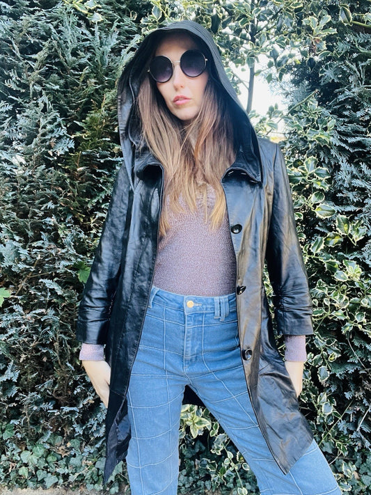 Vintage 1980s Leather Jacket With Hood, Retro Cropped Sleeve Long Length 10-12