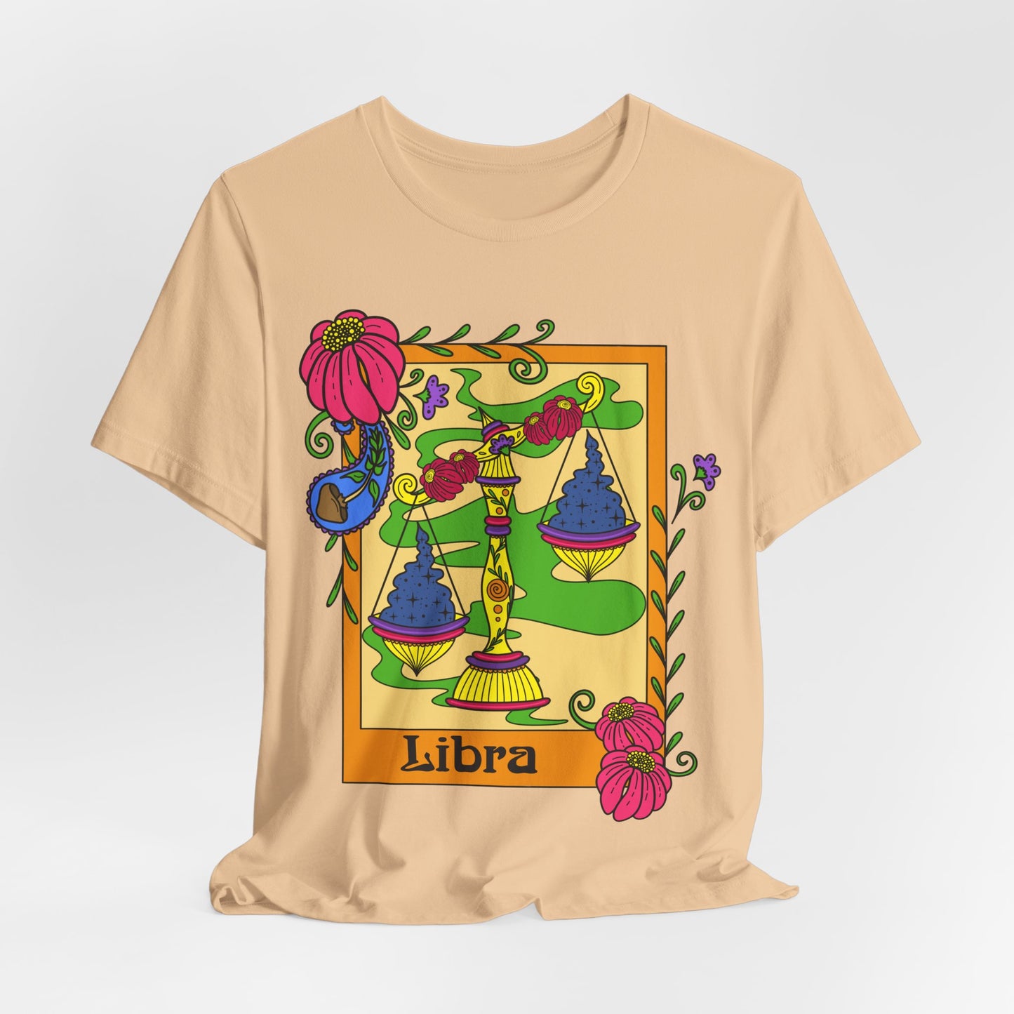Libra star sign T-Shirt, scales zodiac astrology top, Horoscope birthday gift Tee, Bold retro colourful Design tshirt