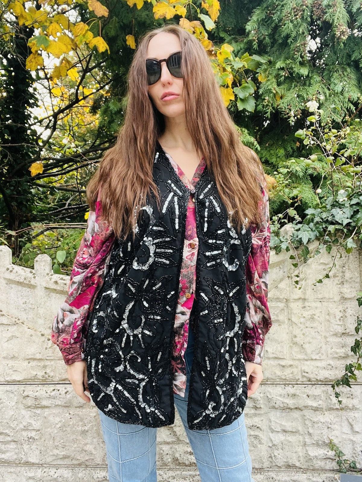 Vintage 80s Beaded Waistcoat Black Size 14 1980s Embellished Sequin Party Top