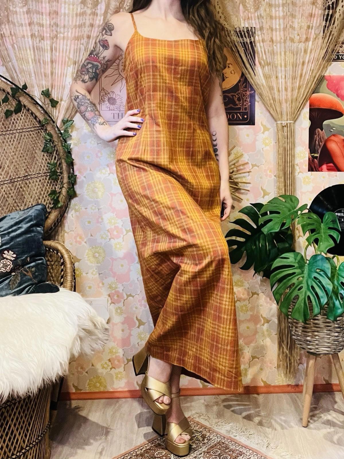 Vintage 1990s Tartan Dress By Miss H Long 90s Pinafore Style Plaid Dress S 10