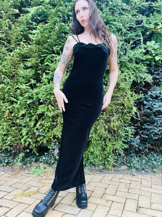 Vintage 1990s Velvet Dress With Fluffy Trim, Pencil Wiggle Dress By El-KA  10